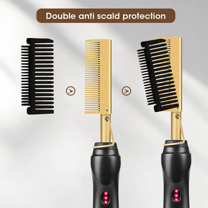 Gold and Black Electric Hot Comb Hair Straightener - Fast Heating Styling Tool with 3 Temp Settings & Anti-Scald Guard - Image 4