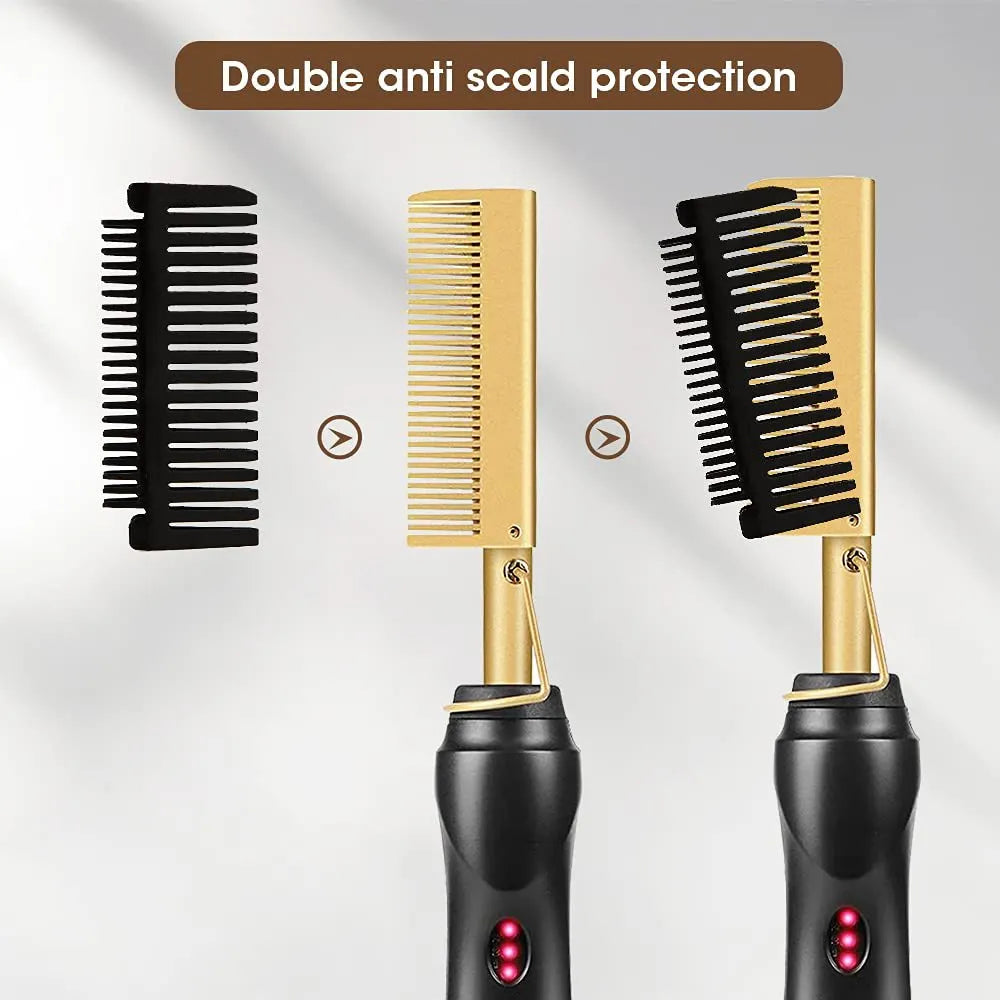 Gold and Black Electric Hot Comb Hair Straightener - Fast Heating Styling Tool with 3 Temp Settings & Anti-Scald Guard - Image 4