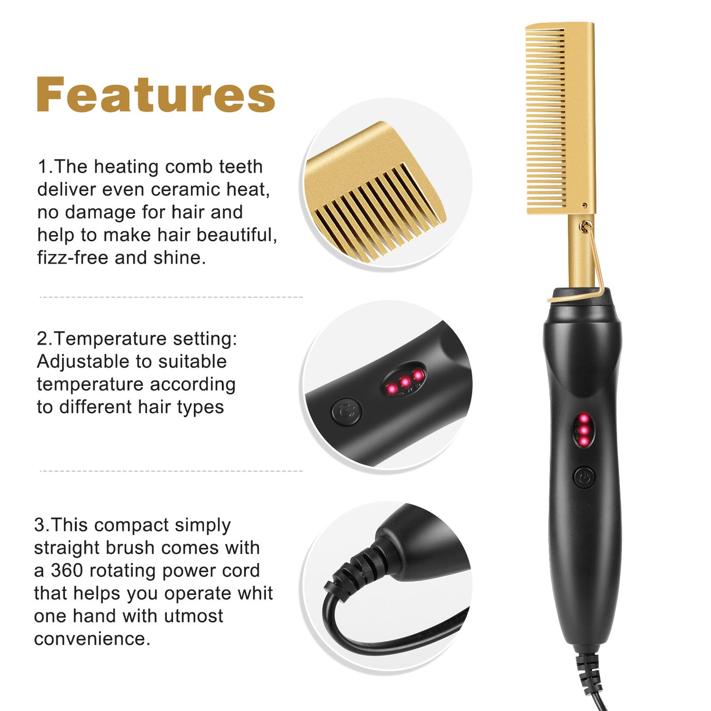 Black Electric Hot Comb Hair Straightener - Fast Heating Styling Tool with 3 Temp Settings & Anti-Scald Guard - Image 6