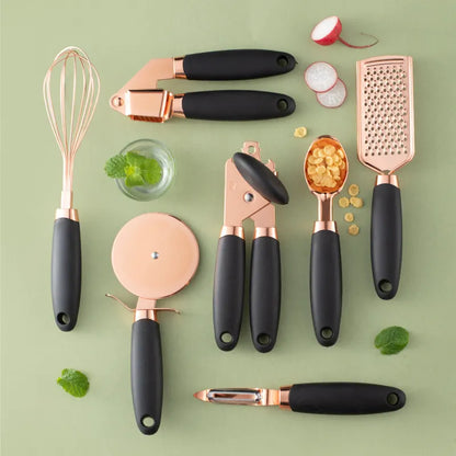 Black And Rose Gold 7-Piece Kitchen Gadget Set - Stainless Steel Utensils with Comfort Grip Handles