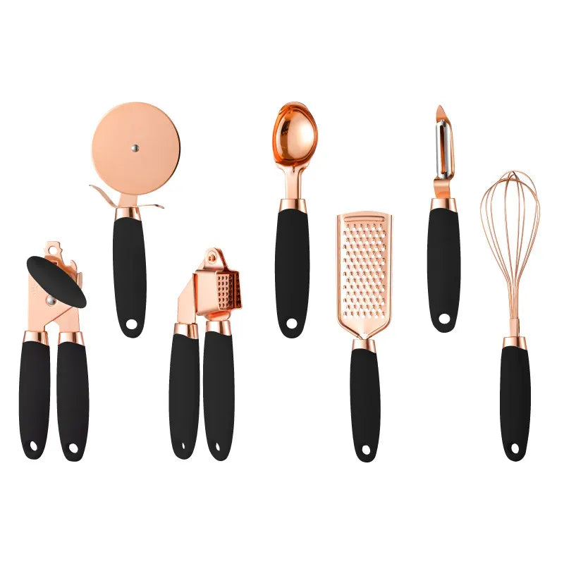 Blue And Rose Gold 7-Piece Kitchen Gadget Set - Stainless Steel Utensils with Comfort Grip Handles - Image 2