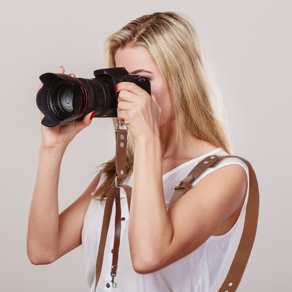 Coffee Adjustable Genuine Leather Camera Strap - Crossbody Shoulder Sling for DSLR/SLR(The camera is a prop and is not included) - Image 5
