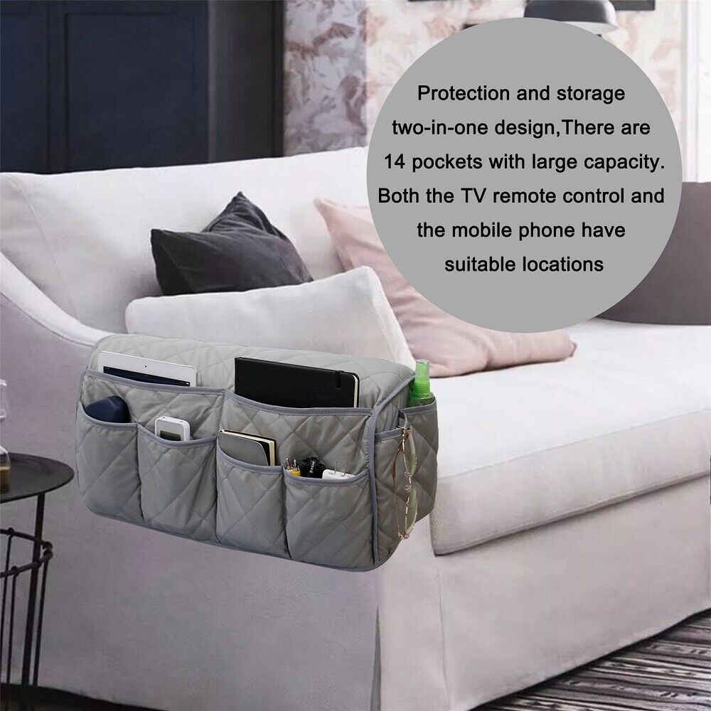 2 Pcs Grey Quilted Sofa Armrest Organizer Caddy - Multi-Pocket Remote Control Holder Bag - Image 3