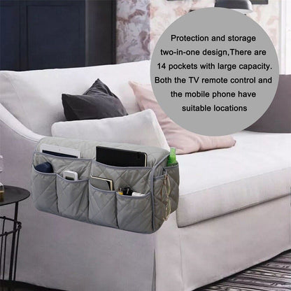 2 Pcs Black Quilted Sofa Armrest Organizer Caddy - Multi-Pocket Remote Control Holder Bag - Image 3