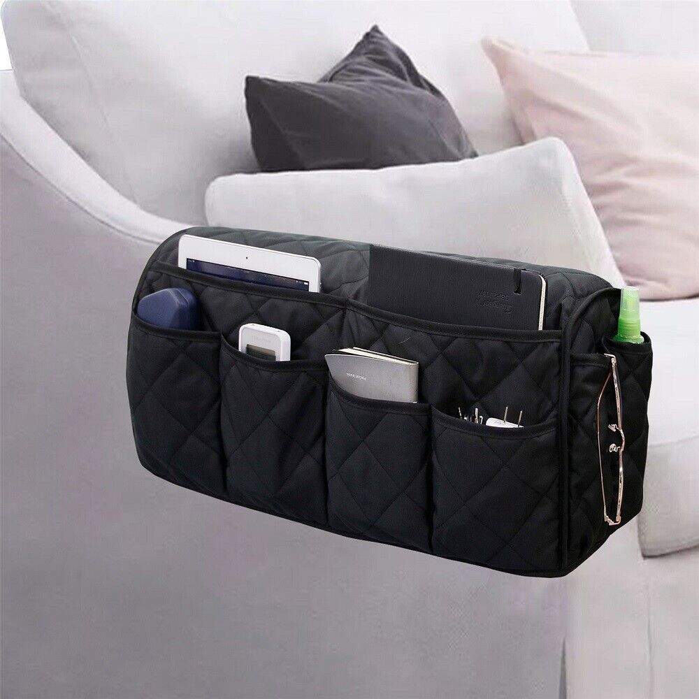 2 Pcs Blue Quilted Sofa Armrest Organizer Caddy - Multi-Pocket Remote Control Holder Bag - Image 4