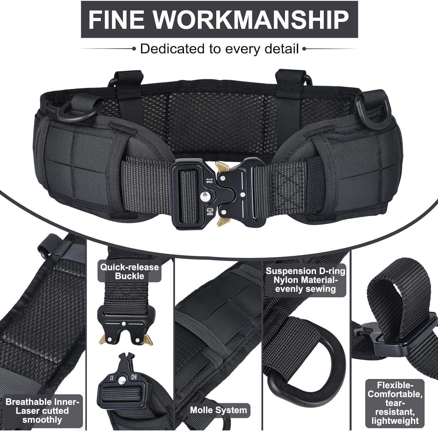 Black Adjustable Tactical Battle Belt Set - Padded MOLLE Outer & Nylon Inner Belt - Image 3