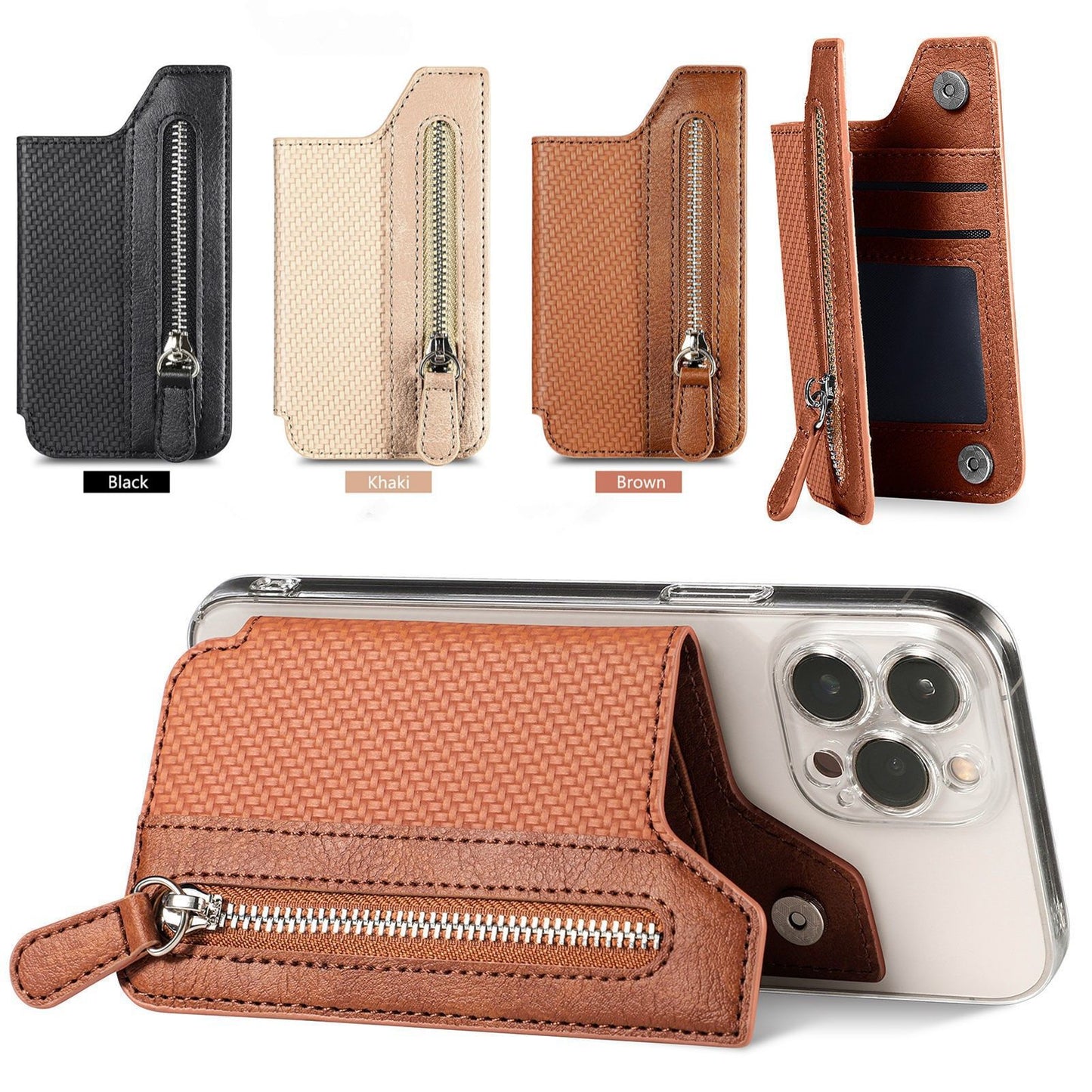 2 Pcs Black Multifunction Stick-On Phone Wallet - PU Leather Card Holder with Zipper & Flip Cover - Image 2