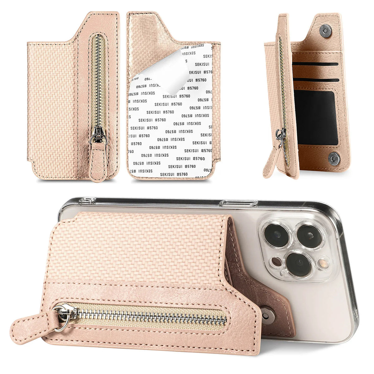 2 Pcs Khaki Multifunction Stick-On Phone Wallet - PU Leather Card Holder with Zipper & Flip Cover