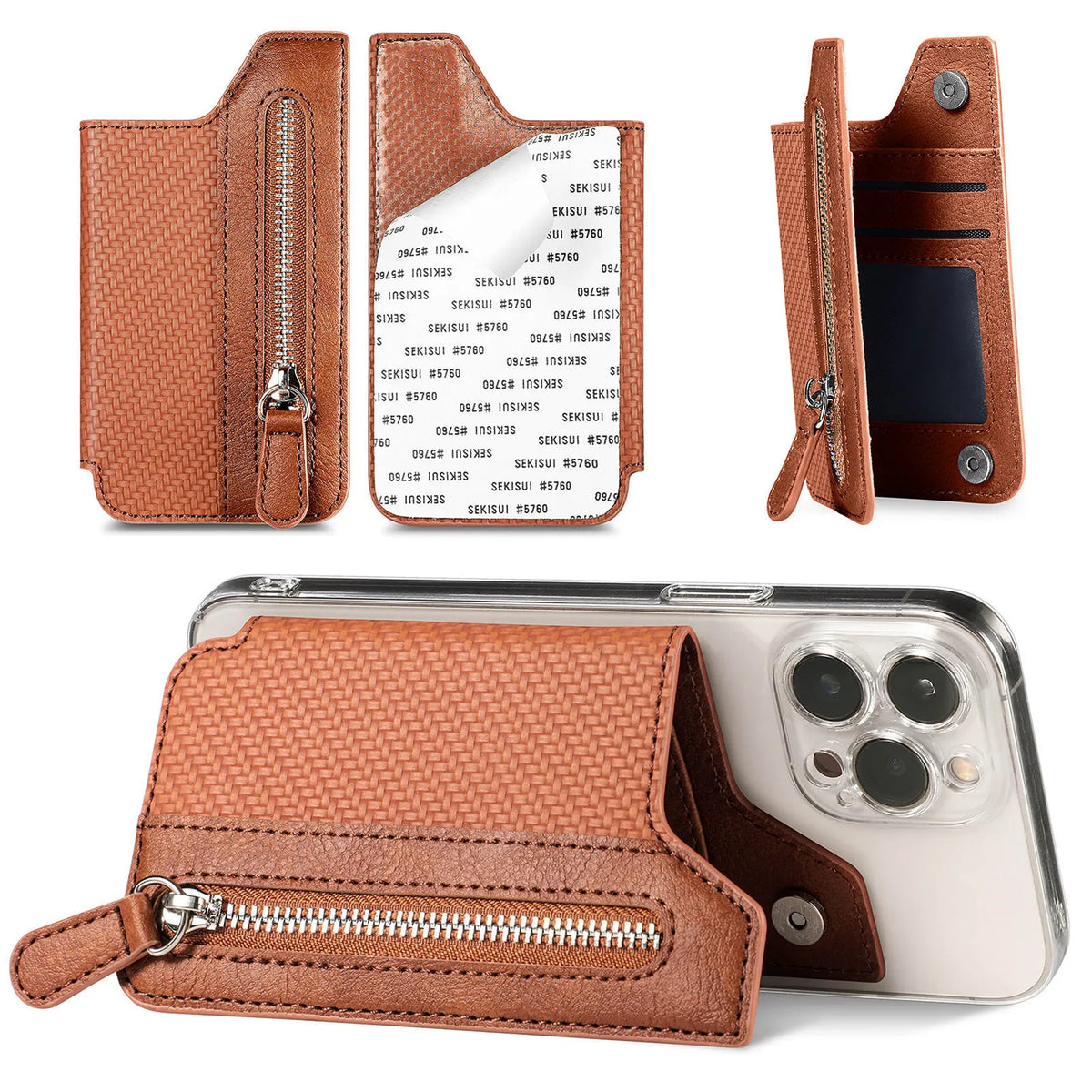 2 Pcs Brown Multifunction Stick-On Phone Wallet - PU Leather Card Holder with Zipper & Flip Cover