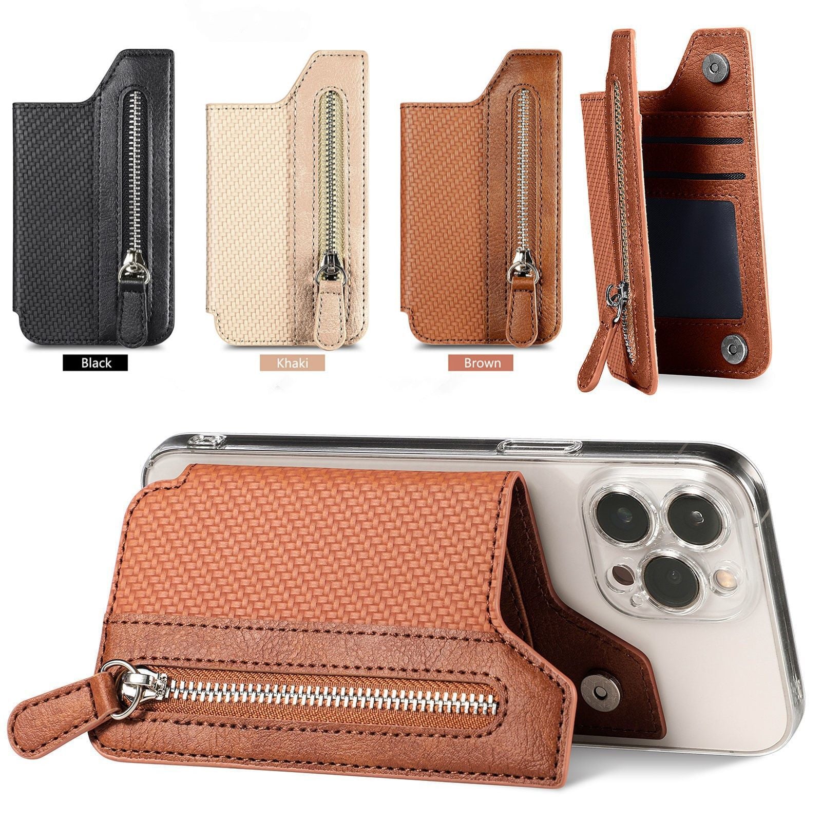 2 Pcs Brown Multifunction Stick-On Phone Wallet - PU Leather Card Holder with Zipper & Flip Cover - Image 2