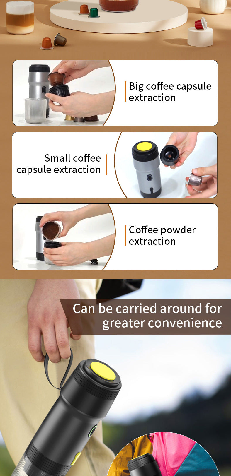 Green 3-in-1 Portable Electric Espresso Maker - Rechargeable Travel Coffee Machine for Capsules & Ground Coffee - Image 5