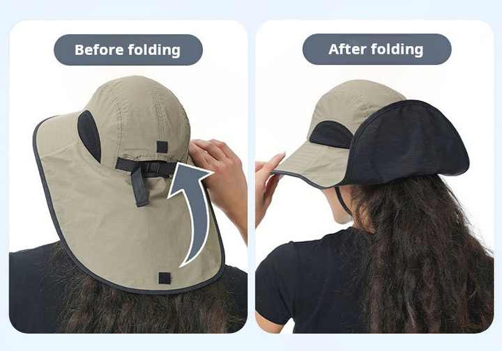 Black Wide Brim Sun Hat with Cape - Foldable UV Protection - 10cm Brim  - Image 2