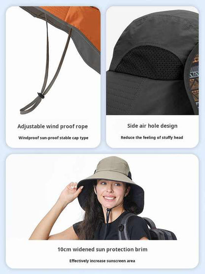 Black Wide Brim Sun Hat with Cape - Foldable UV Protection - 10cm Brim  - Image 3