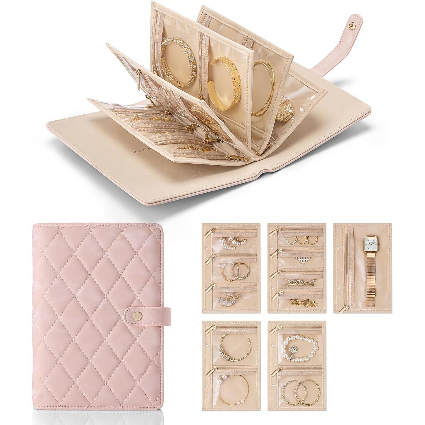 Pink Foldable Travel Jewelry Organizer - Velvet Zippered Case with Transparent Pages & Detachable Pouches