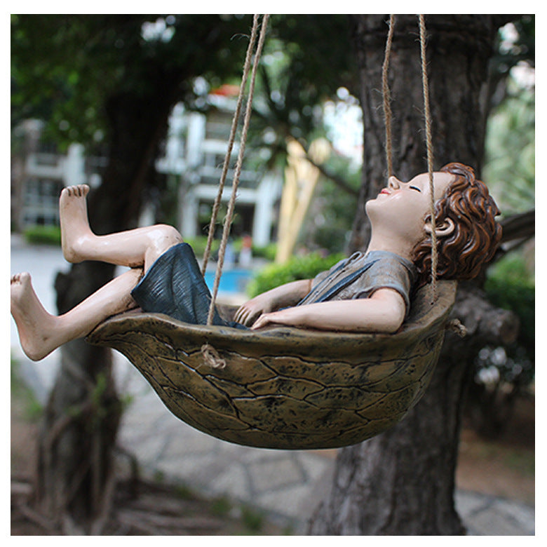 Walnut Boy Swing Resin Ornament - 20.5x11x12.5cm Charming Garden Hanging Decor for Trees & Patios - Image 2