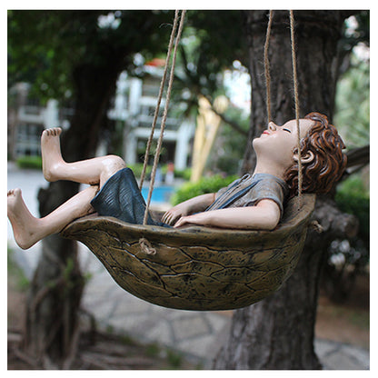 Walnut Boy Swing Resin Ornament - 20.5x11x12.5cm Charming Garden Hanging Decor for Trees & Patios - Image 2