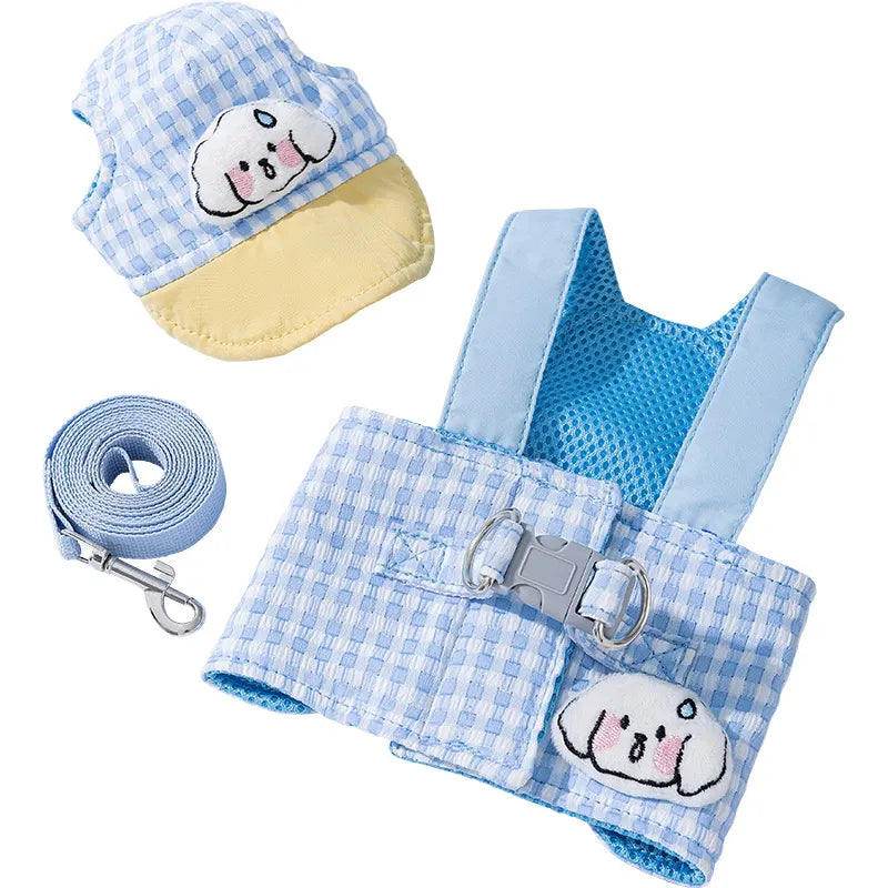 L Blue Pet Sun Hat with Adjustable Strap + Leash & Harness 3-Piece Set - Breathable Summer Cap for Dogs & Cats with Ear Holes