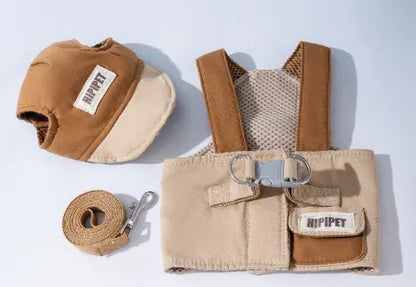 M Brown Pet Sun Hat with Adjustable Strap + Leash & Harness 3-Piece Set - Breathable Summer Cap for Dogs & Cats with Ear Holes