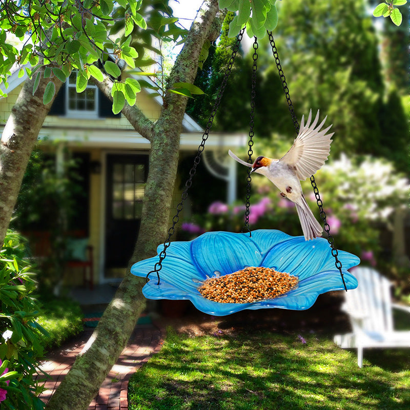 Blue Decorative Hanging Glass Flower Bird Bath - 10 Inch Vibrant Outdoor Garden Accent - Image 2