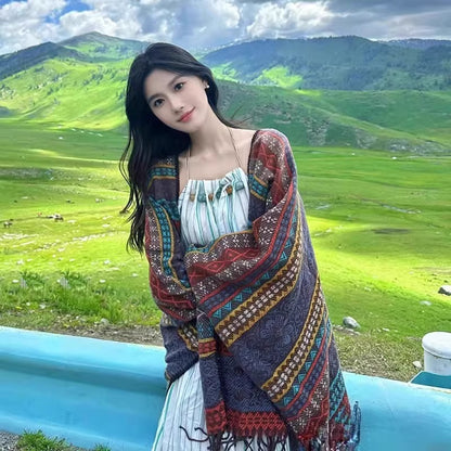 Blue Elegant Jacquard Knit Shawl Wrap - Versatile Oversized Scarf (150cm x 130cm)