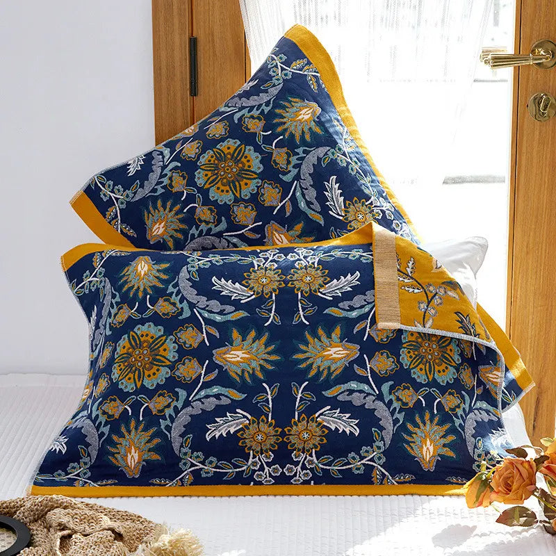 Single Blue Floral Pillow Towel Premium Cotton Gauze Pillow Towel Pair - Simple Nordic Style (52x75cm)
