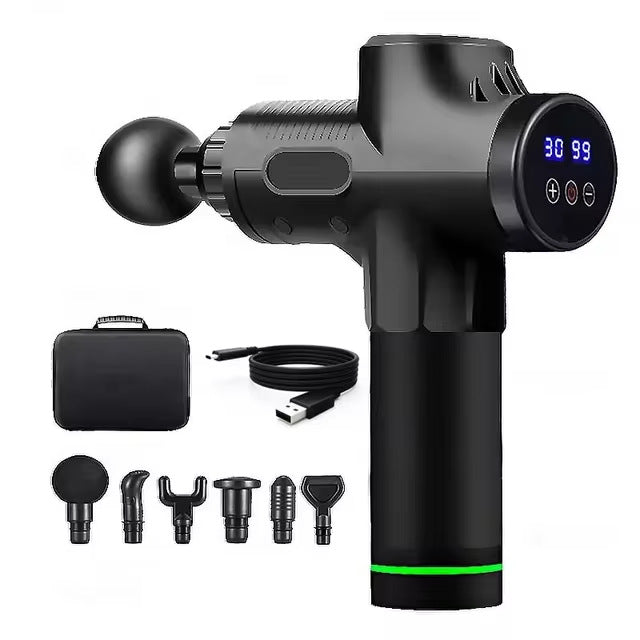 Black Deep Tissue Percussion Massage Gun - 30 Speeds, 6 Heads, Type-C Charging