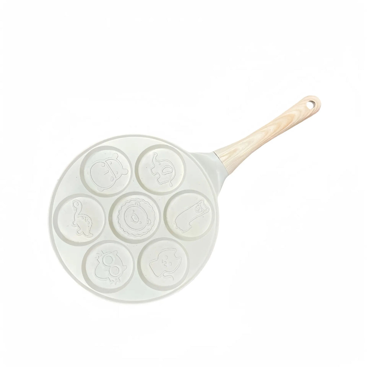 Beige Cartoon + Wood Grain Handle (Gas Model) Non-Stick Pancake Pan - 7-Hole Fun Shapes Breakfast Griddle (27cm)
