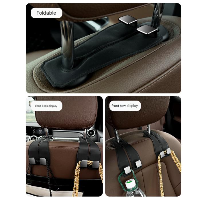 Black Heavy Duty Car Headrest Hooks (Set of 4 Units) - PU Leather Seat Back Organizer Hangers - Image 4