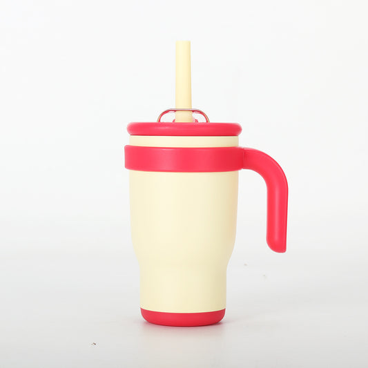 Beige-red 14oz Insulated Tumbler with Handle & Straw - 304 Stainless Steel Car Cup (Contrast Color)