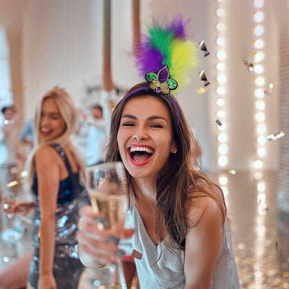 New Arrow Pattern Festive Mardi Gras Feather Headband Set - 10 Pack Sequin Jester Hat Party Accessory - Image 2
