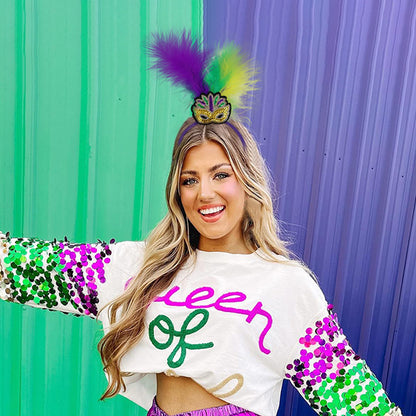 New Arrow Pattern Festive Mardi Gras Feather Headband Set - 10 Pack Sequin Jester Hat Party Accessory - Image 3