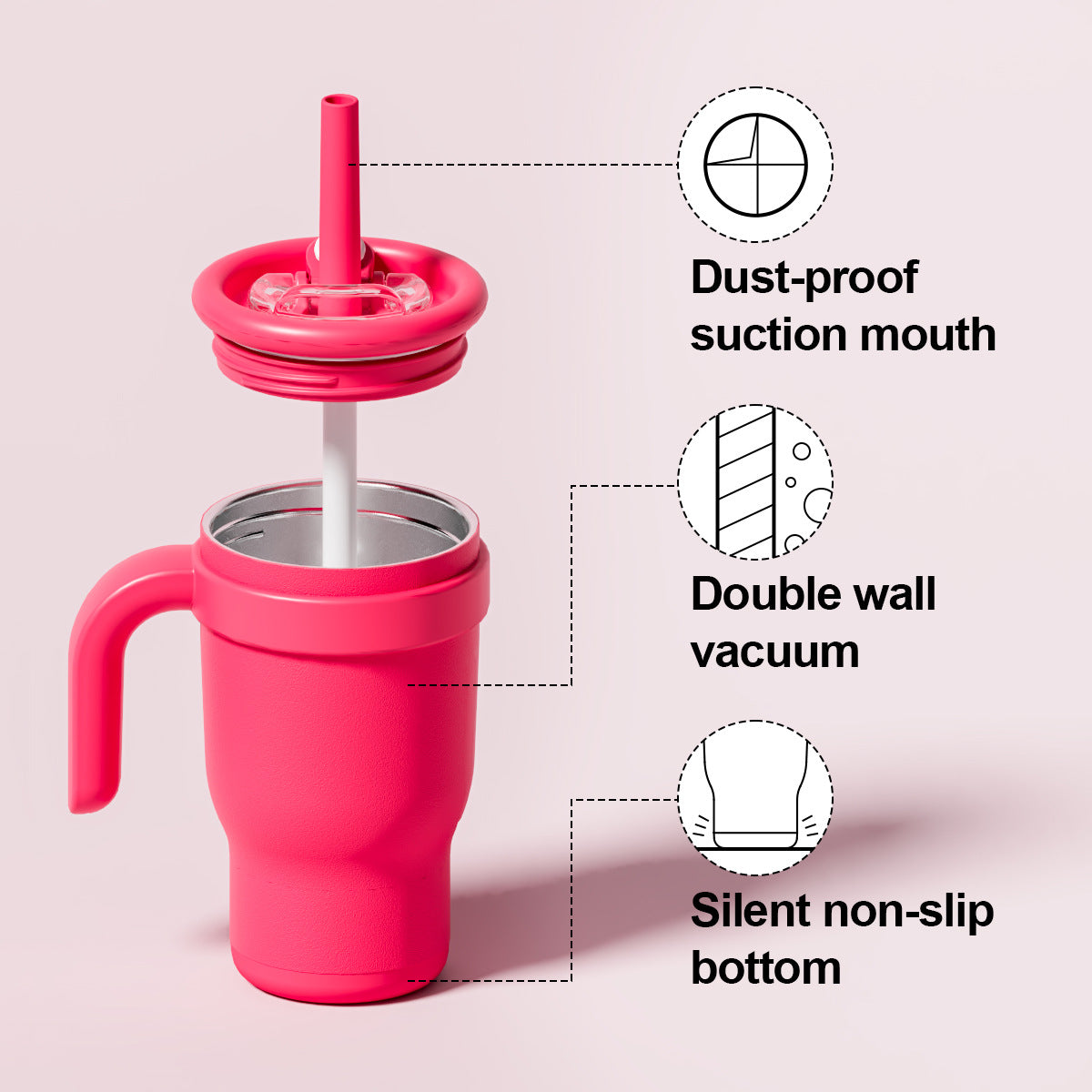 Rose Red 14oz Insulated Tumbler with Handle & Straw - 304 Stainless Steel Car Cup (Contrast Color) - Image 4