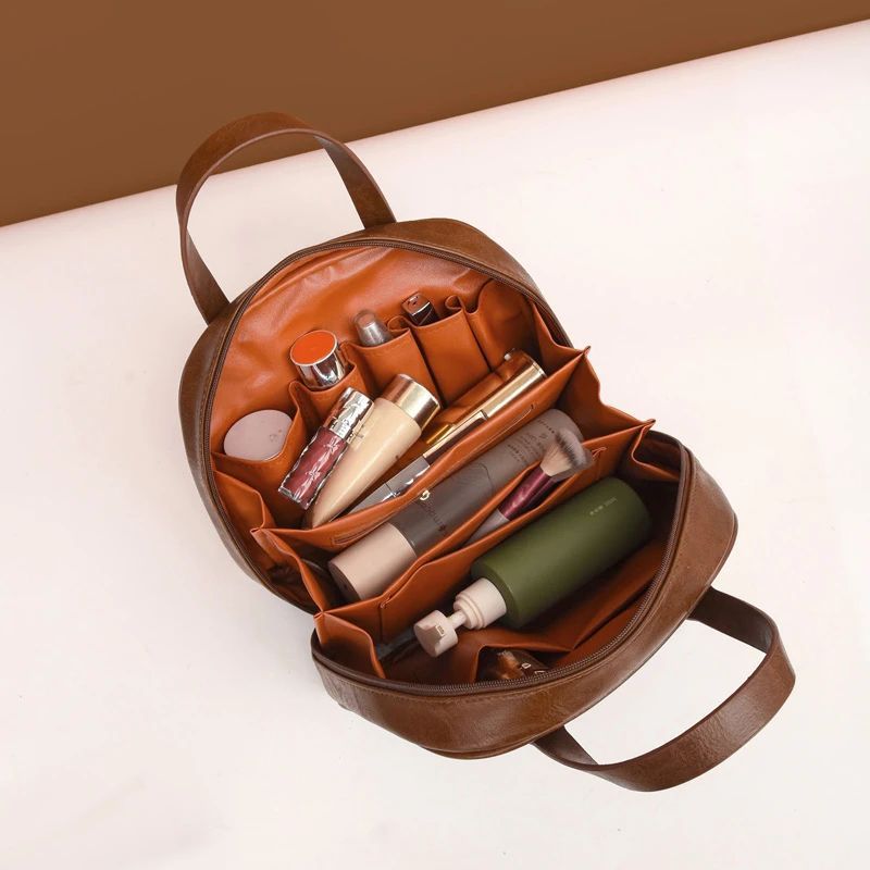 Green Retro PU Leather Cosmetic Bag - Large Capacity Travel Toiletry Organizer Pouch - Image 2