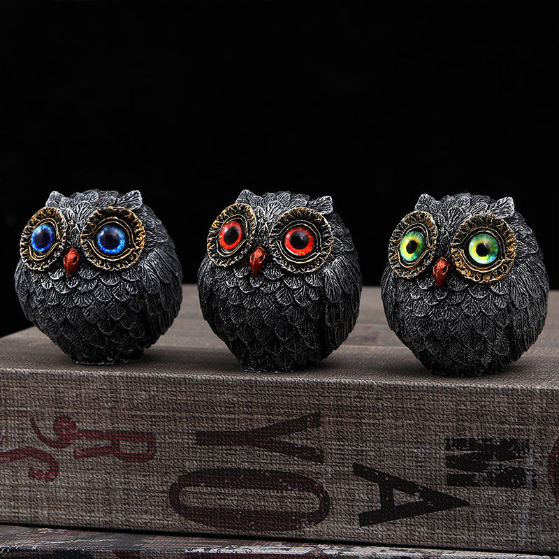 Set of Three Groups of Three Colors Small Decorative Resin Owl Figurine - Textured Statue with Blue Eyes(Blue, Green, Red) - Image 2