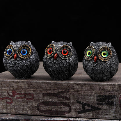 Set of Three Groups of Three Colors Small Decorative Resin Owl Figurine - Textured Statue with Blue Eyes(Blue, Green, Red) - Image 2