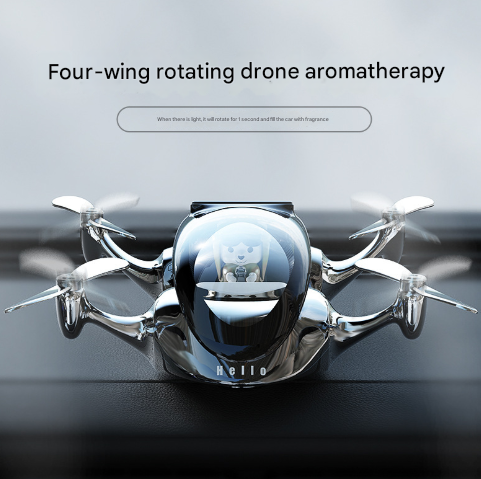 Silver Solar Powered Drone Car Air Freshener - Rotating Propeller Vehicle Scent Diffuser Ornament - Image 2