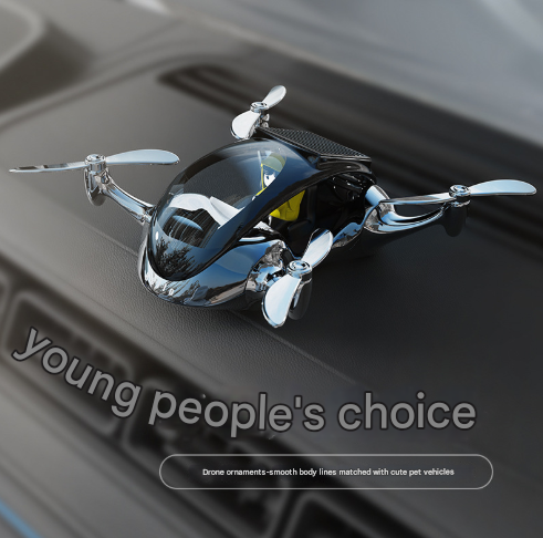 Silver Solar Powered Drone Car Air Freshener - Rotating Propeller Vehicle Scent Diffuser Ornament - Image 3