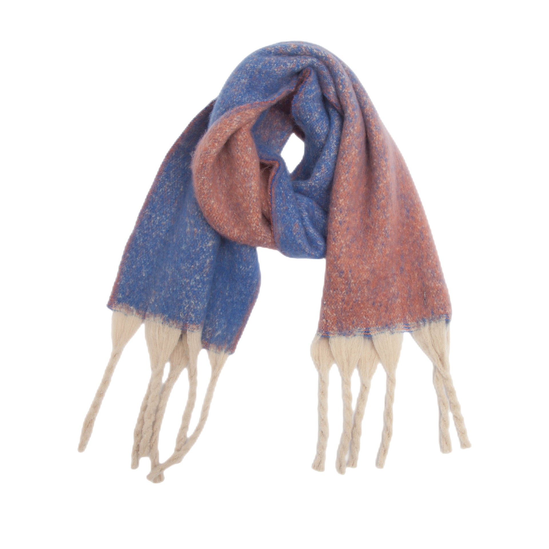 Blue-orange Plush Gradient Winter Scarf Shawl - Thick Textured Circle Yarn with Chunky Tassels - 185cm x 40cm