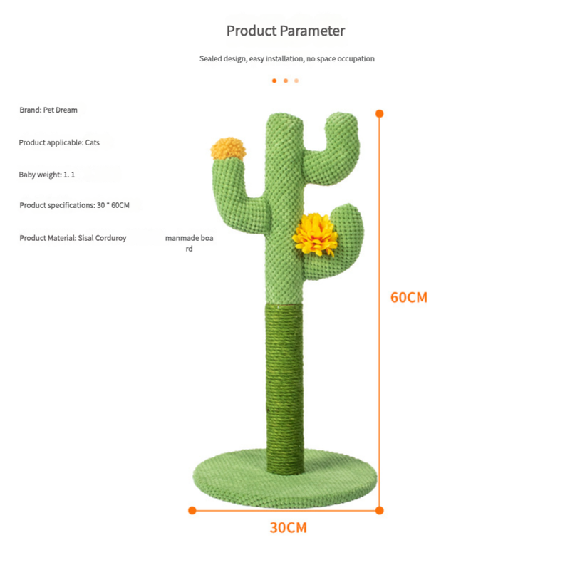 Cactus-Shaped Cat Scratching Post with Sisal Rope and Plush Chenille - Green - Image 2