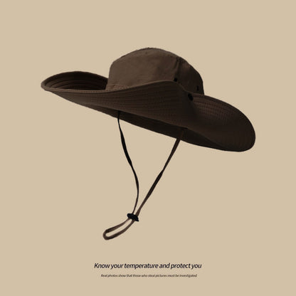 Water-Repellent Wide-Brim Bucket Hat with Adjustable Chin Strap - Sun Protection Brown