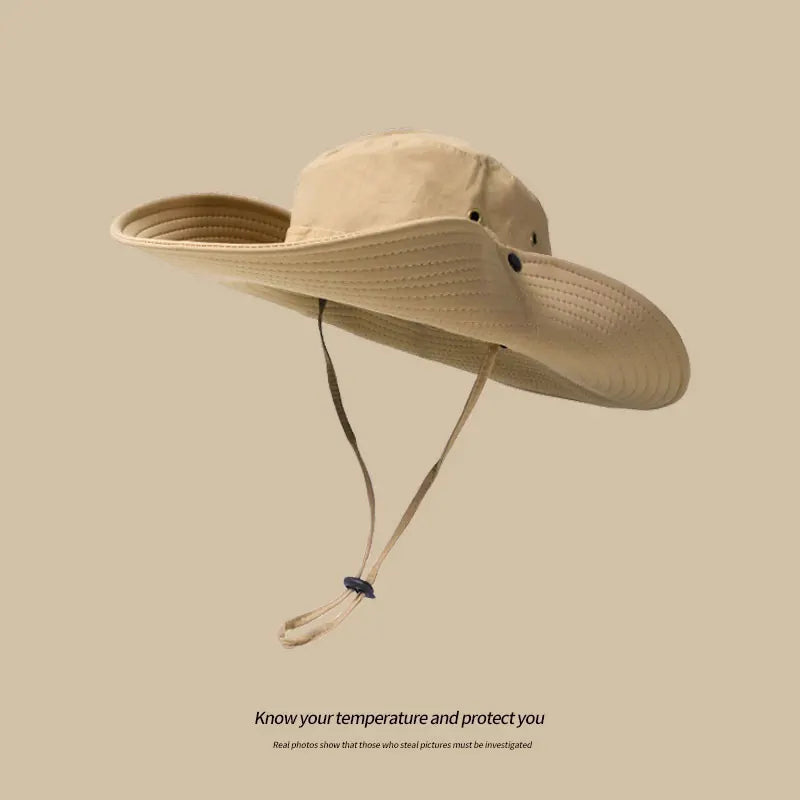 Water-Repellent Wide-Brim Bucket Hat with Adjustable Chin Strap - Sun Protection Khaki
