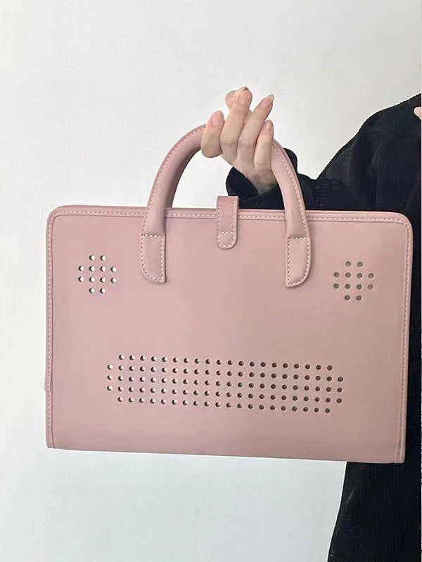 Stylish Leather Laptop Sleeve with Handle and Perforated Design - Soft Pink Color - Image 3