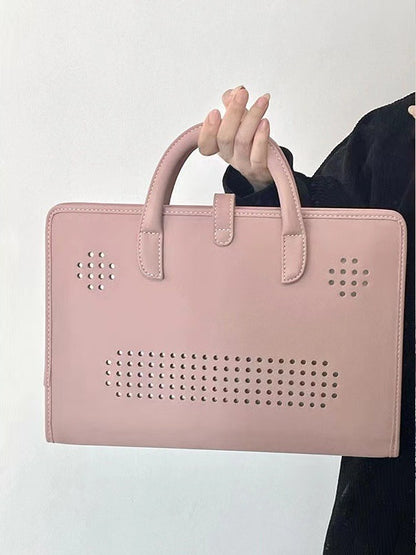 Stylish Leather Laptop Sleeve with Handle and Perforated Design - Soft Pink Color - Image 3
