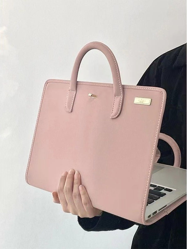 Stylish Leather Laptop Sleeve with Handle and Perforated Design - Soft Pink Color - Image 4
