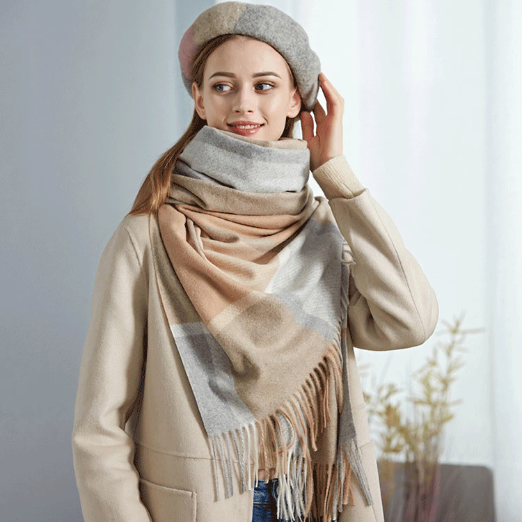 Cozy Color Block Fringe Scarf - Camel for Fall and Winter - Image 3