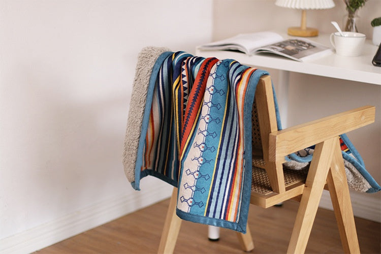 Double-Sided Geometric & Plush Throw Blanket - Warm 70x100cm Multi-Use Wrap(Color stripes/Back side light brown) - Image 3