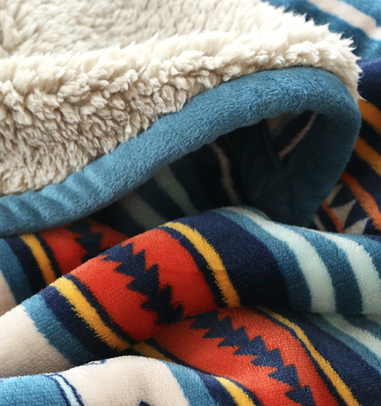 Double-Sided Geometric & Plush Throw Blanket - Warm 70x100cm Multi-Use Wrap(Color stripes/Back side light brown) - Image 4