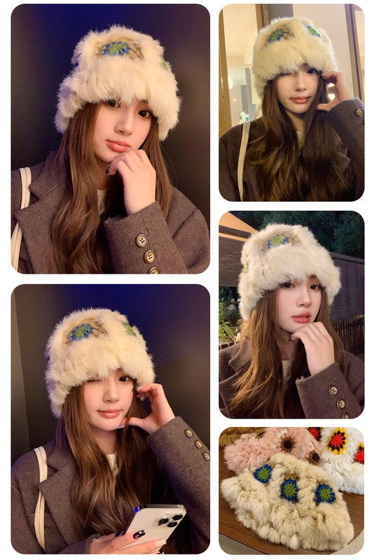 Plush Floral Bucket Hat,Warm Crocheted Winter Hat  in Khaki-Hat circumference: 56-60cm - Image 3