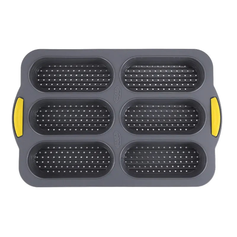 Grey 6-hole silicone baking mold, perforated loaf pan 37.5 cm x 24.5 cm, suitable for bread and cakes (sold in sets of 2)