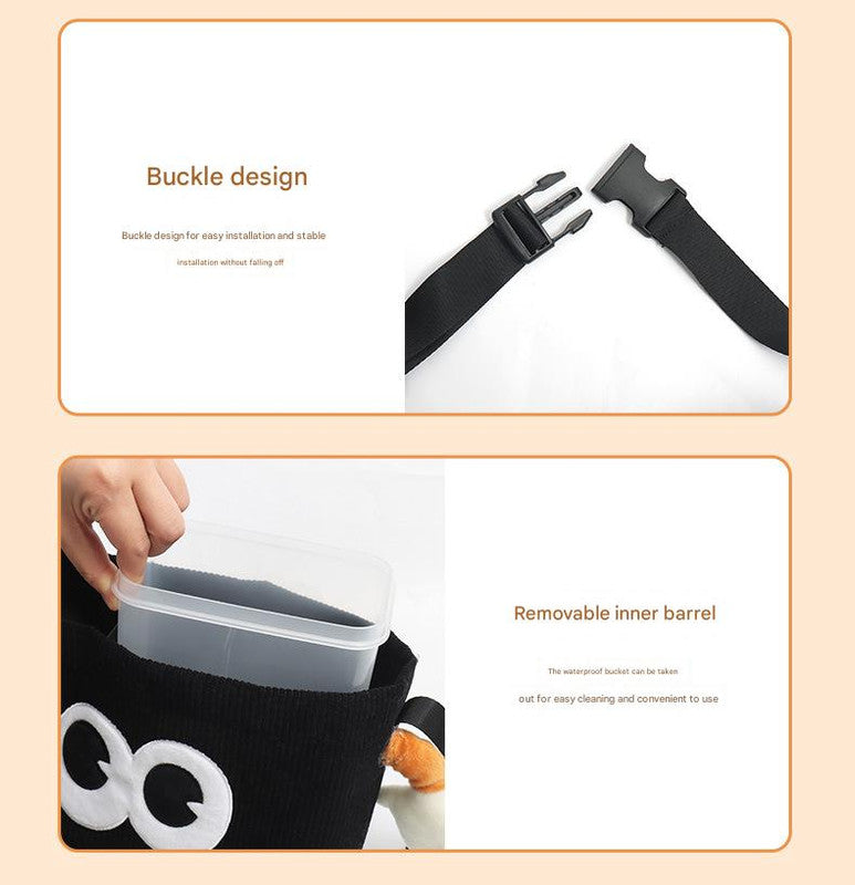 Black Cute Cartoon Car Trash Bin with Adjustable Strap - Water-Repellent Corduroy (19x24cm) - Image 3